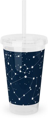 Travel Mugs: Constellations - White Stars On Navy Acrylic Tumbler With Straw, 16Oz, Blue