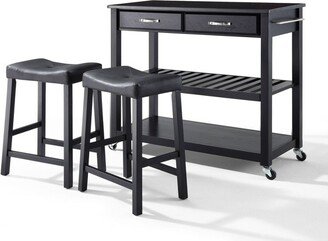 Granite Top Kitchen Prep Cart with 2 Upholstered Saddle Stools