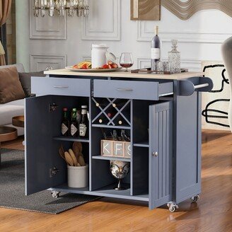 Calnod Store Kitchen Island Cart with Two Storage Cabinets and Four Locking Wheels & Wine Rack, Two Drawers, Spice Rack, Towel Rack