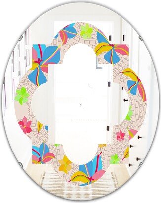 Designart 'Retro Pink Yellow Flowers' Printed Modern Round or Oval Wall Mirror - Quatrefoil