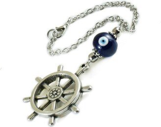 Ships Wheel Car Rearview Mirror Charm Ornament, Evil Eye Hanging, Blue Ceramic Bead, Decoration, Accessories