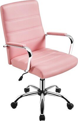 Mid-Back Office Chair with Arms 360° Swivel PU Leather Office Executive Chair, Pink