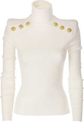 White Knit Sweater With Gold-tone Buttons