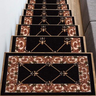 Playa Rug Stair Treads Fleur De Lis Floral Design Non Slip Backing, 8.5''X26''