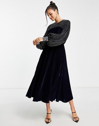 midi dress with linear yoke embellishment in navy velvet