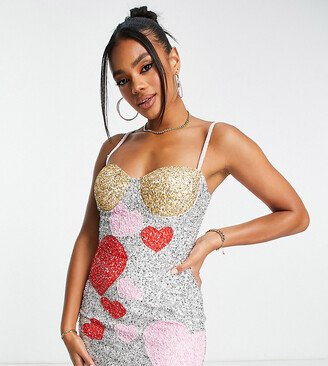 exclusive contrast heart embellished mini dress in red and pink