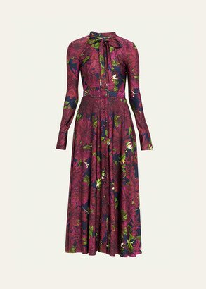 Dhalia Floral-Print Belted Tie-Neck Midi Dress