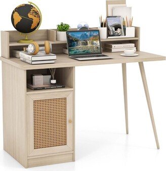 48'' Computer Desk with Hutch Mid Century Workstation PE Rattan Cabinet White Oak