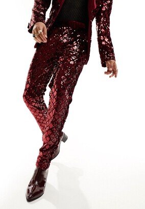 skinny suit pants in diamond sequin in burgundy