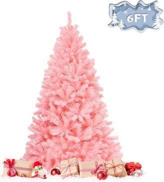 Tangkula 6Ft Artificial Christmas Tree Hinged Spruce Full Tree with Metal Stand Pink