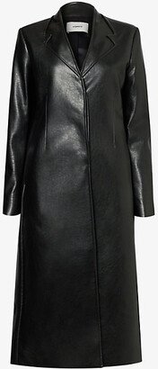 Womens Black Notch-lapel Single-breasted Faux-leather Coat