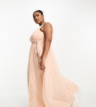 Beauut Plus Bridesmaid maxi dress in tulle with bow back in blush