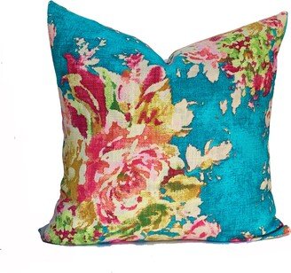 One Covington Pillow, Turquoise Pink Rose Floral Pillow Cover Decorative Home Decor As Seen On The Bachelor