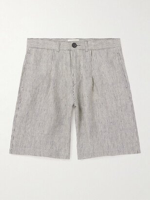 Straight-Leg Pleated Striped Linen Shorts-AA