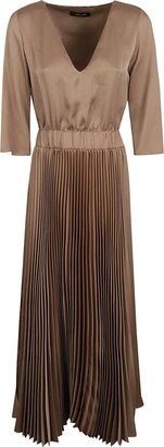 Pleated Effect V-Neck Long Dress