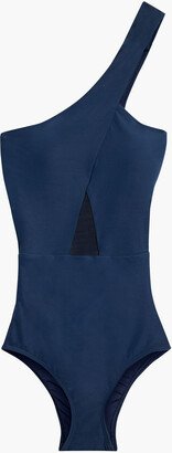 One-shoulder mesh-trimmed swimsuit