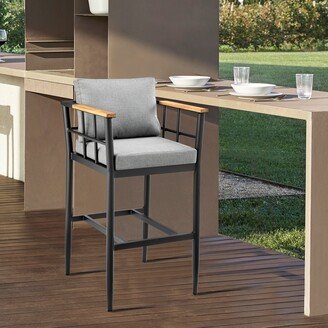 Wiglaf Outdoor Patio Counter Stool in Aluminum and Teak with Grey Cushions