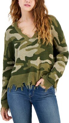 Just Polly Juniors' Frayed-Edge V-Neck Relaxed Sweater