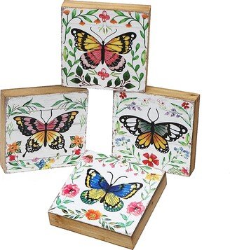 IH Casa Decor Square Wood Blocks Butterfly Asstd - Set of 4
