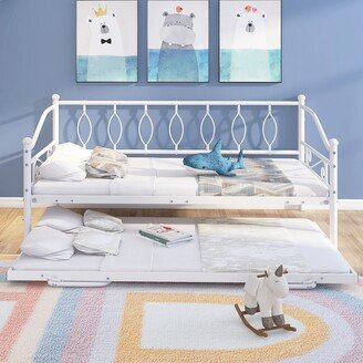 IGEMAN Twin Size Metal Daybed with Twin Size Adjustable Trundle, Guest Room Metal Platform Bed with Portable Folding Trundle, White