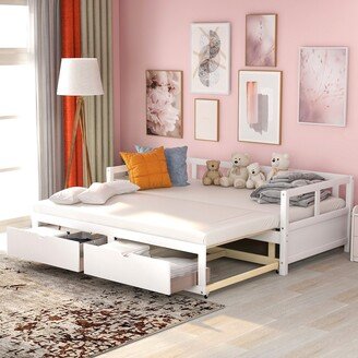 DECO Wooden Daybed with Trundle Bed and Two Storage Drawers , Extendable Bed Daybed,Sofa Bed for Bedroom Living Room,White