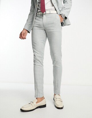 skinny suit pants in linen mix in gingham in blue