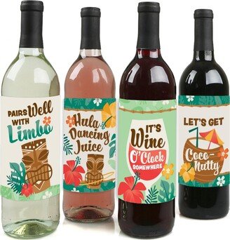 Big Dot Of Happiness Tropical Luau - Hawaiian Beach Party Decorations Wine Bottle Label Stickers 4 Ct