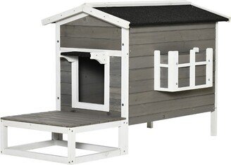 Wooden Wooden Cat House Feral Cat Shelter Kitten Condo with Escape Door, Porch and Flower Stand - Dark Gray/White