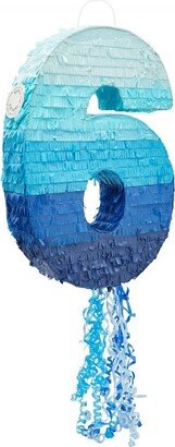 Blue Panda Small Pull String Number 6 Pinata for Boys and Girls 6th Birthday Party Decorations, Table Centerpieces, Favors, Gradient Blue, 11x17x3 in