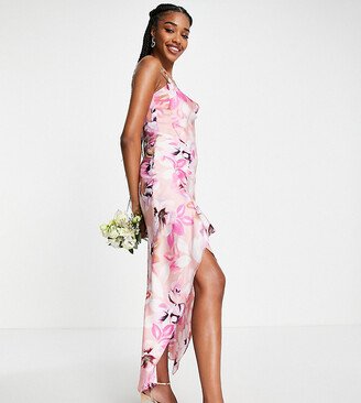 Liquorish Tall satin slip dress with frill detail in pastel floral