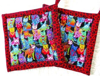 Cat Large Potholder Set, Hot Pads, Decor, Gift Quilted Pads Kitty Lovers Gift, Animal Potholders