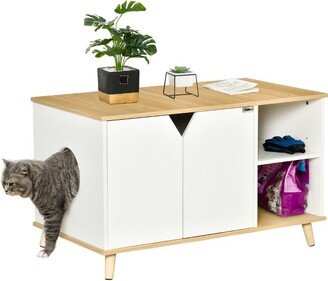 Wooden Cat Litter Box Enclosure, Hidden Cat Washroom, Kitty End Table, Furniture Style with Double Doors & Adjustable Storage Shelf, Oak