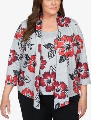 Plus Size Classics Stamped Floral Two for One Top with Necklace - Gray, Red