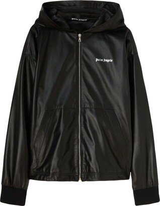 Logo-Print Hooded Leather Jacket