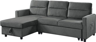 Ami 82 Inch Reversible Sleeper Sectional Sofa, Side Pocket, Gray Velvet