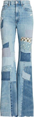 Patchwork Cotton Flare Jean Denim Pants Blue