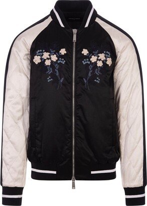 Floral Embroidered Zipped Satin Bomber Jacket
