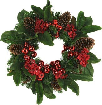 Creative Displays 22 Evergreen Holiday Wreath With Hydrangeas, Magnolia Leaves And Ornaments