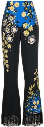 Floral-Print Fringed Tailored Trousers