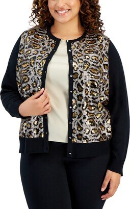 Plus Size Leopard Sequin Cardigan, Created for Macy's