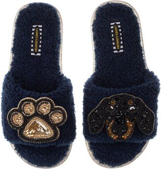 Laines London Teddy Towelling Slipper Sliders With Little Sausage & Paw Brooch - Navy