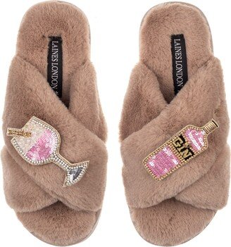 Laines London Classic Laines Slippers With Pink Gin & Glass Brooches - Toffee