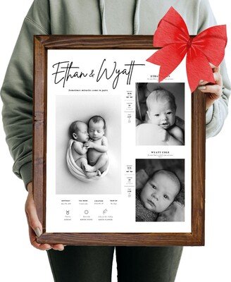 Custom Newborn Twin Baby Announcement, Personalized Christmas Gift, Birth Stat Print, Name Sign, Wall Art Nursery Decor