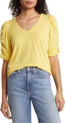 Heathered Ruched Puff Sleeve T-Shirt