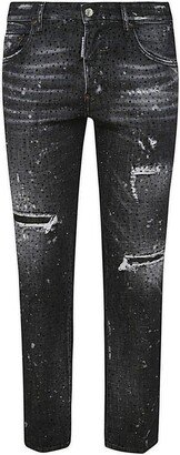 Rhinestone-Embellished Distressed Jeans