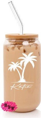 Beer Can Glass, Engraved Palm Tree 16Oz. Pint Etched Personalized Glass Can