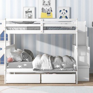 Full Over Full Bunk Bed with 2 Drawers and Staircases, Convertible into 2 Beds, the Bunk Bed with Staircase and Safety Rails