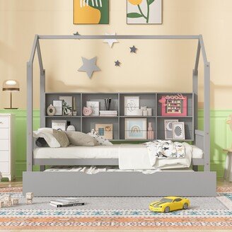 GREATPLANINC Wood House Bed Playhouse Platform Bedframe with Twin Trundle & Shelf