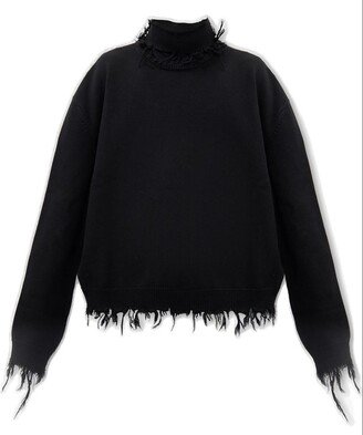 Distressed-Effect Turtleneck Knit Sweater