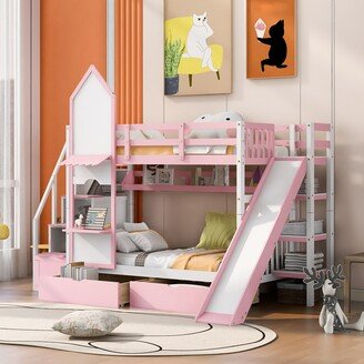 EDWINRAY Twin-Over-Twin Castle Style Bunk Bed with 2 Drawers, 3 Shelves & Slide, Wood House Bunk Bedframe for Kids Teens, Boys Girls,Pink